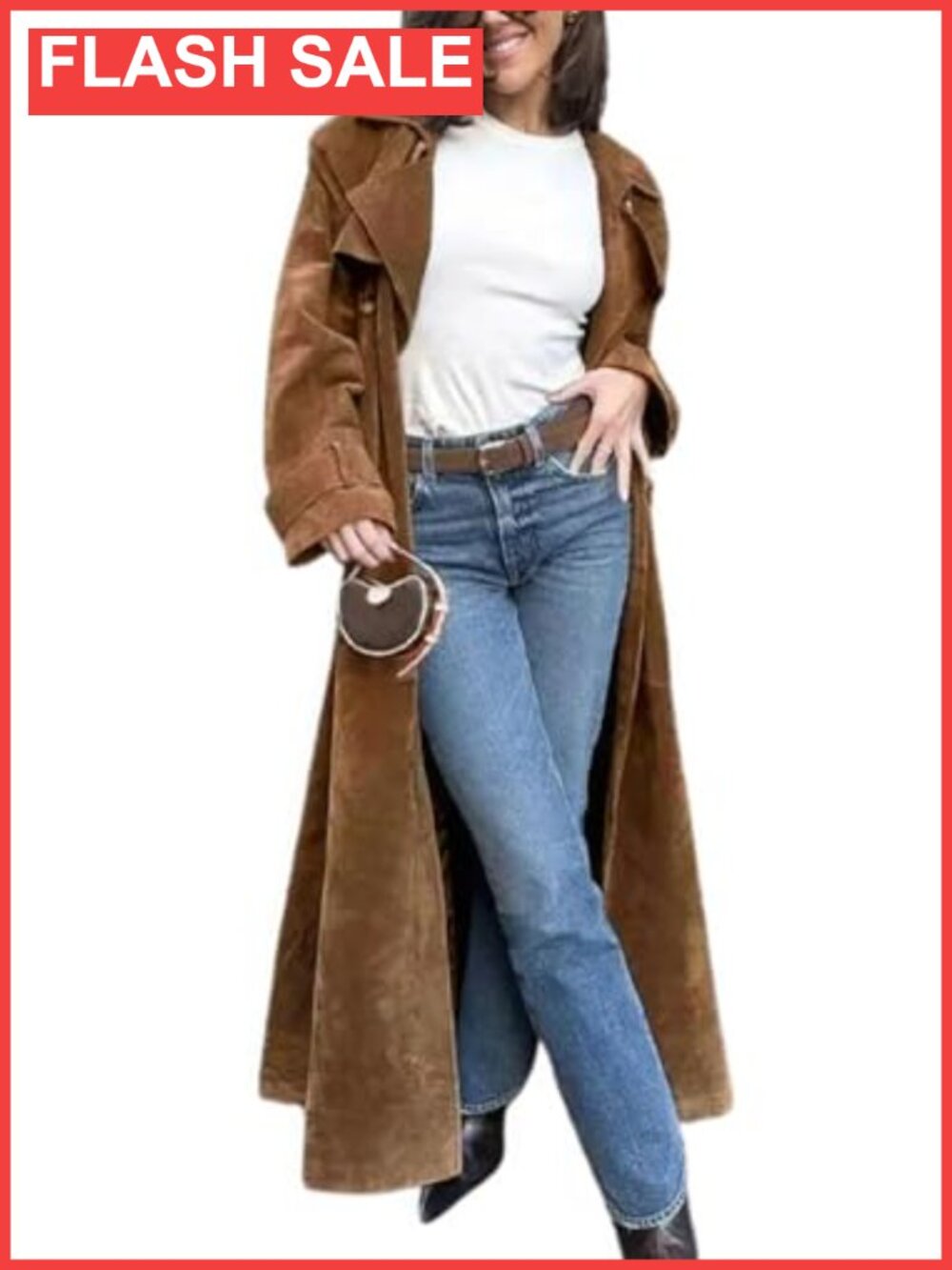 Faux Suede Open Front Long Trench Coat Notched Lapel Maxi Overcoat Belt